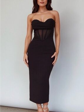Selfie Leslie Strapless Black Midi Dress with Sheer Corset Detail